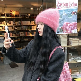 chao显白！韩版百搭树莓粉兔毛针织帽子女秋冬时尚保暖护耳冷帽潮