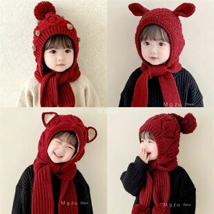 儿童帽子秋冬款百搭围巾帽一体中大童韩版红色毛线护耳帽防风保暖