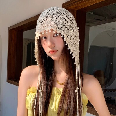 镂空珍珠手工编织头帽春夏钩花吊