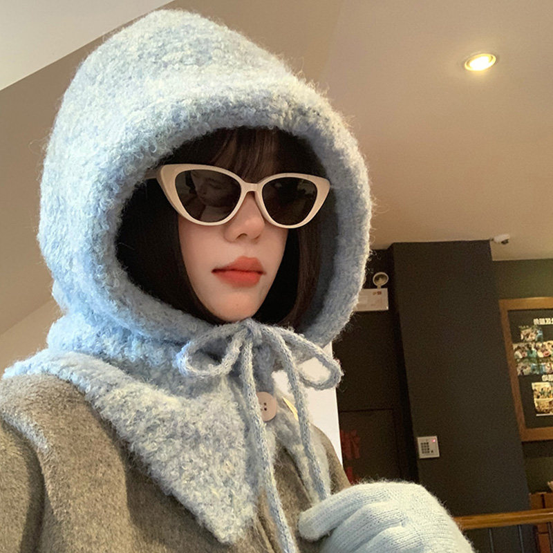 韩版蓝色巴拉克拉法帽女秋冬季帽子围巾一体保暖护耳针织毛线帽