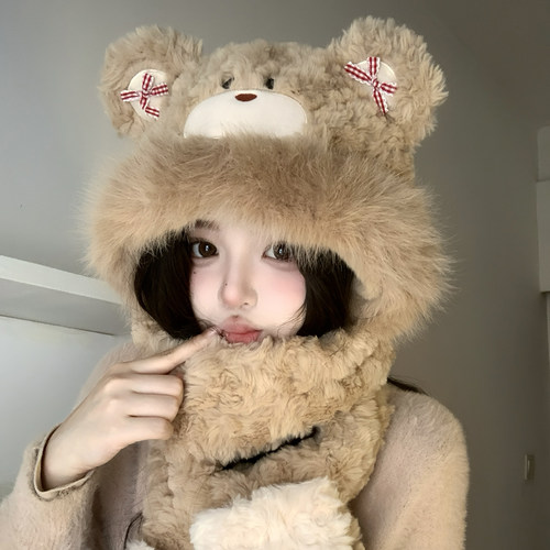 可爱小熊耳朵毛绒子女冬季帽无檐