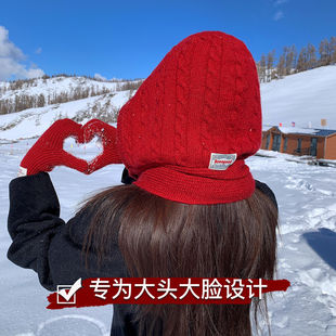 巴拉克拉法帽女款冬季大头围红色针织帽围脖一体防寒保暖毛线帽子