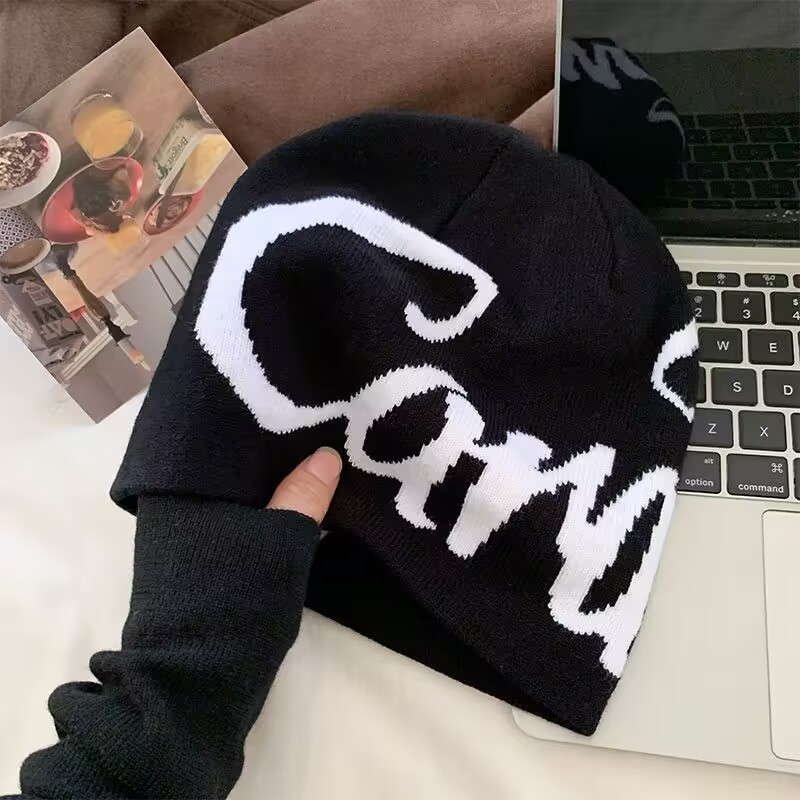 美式字母提花针织毛线帽子女秋冬保暖套头登山帽显脸小男包头冷帽