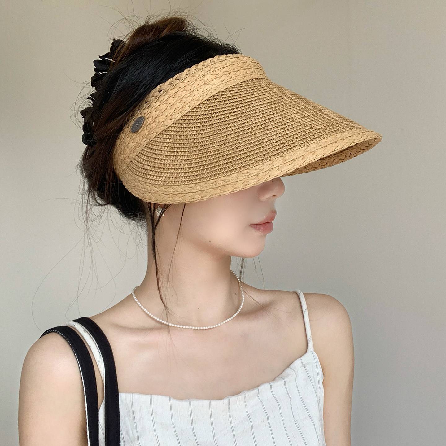 夏季大檐空顶草帽女新款户外发箍