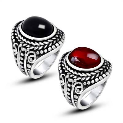 极速Retro made old titaniumx steel ring mens inlaid gem rin