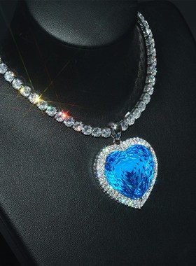 极速项链海洋之心链锁q骨吊坠宝石爱心欧美蓝夸张心形新款时尚女