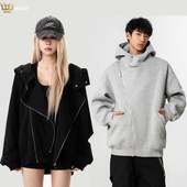 情侣重磅外套 连帽卫衣女潮牌宽松新款 美式 复古解构拼接不规则开衫