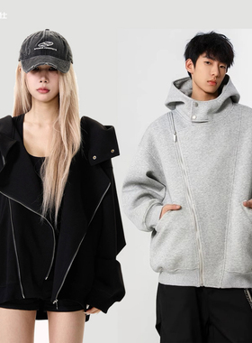 美式复古解构拼接不规则开衫连帽卫衣女潮牌宽松新款情侣重磅外套