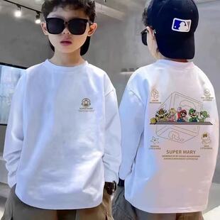 儿童纯棉长袖t恤高街潮牌印花圆领中大童春秋打底衫男童女童上衣