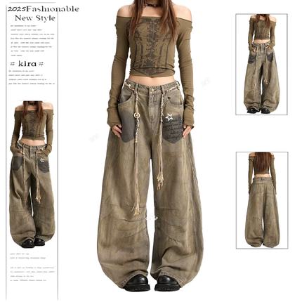 废土风做旧牛仔裤女宽松阔腿拖地长裤美式复古炸街显瘦卡其休闲裤