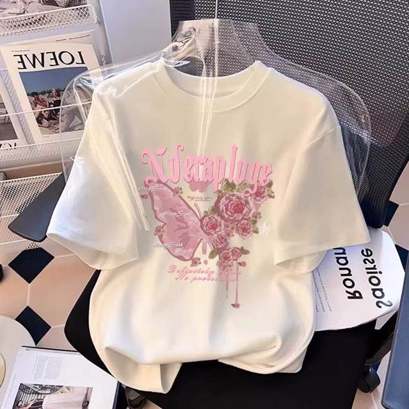 玫瑰蝴蝶儿童纯棉短袖t恤女童亲子母女装洋气浪漫大童女生体恤衫