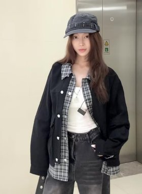美式复古翻领格子拼接假两件夹克女秋季宽松百搭工装外套潮牌上衣