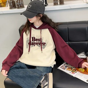 儿童女童撞色插肩连帽卫衣春秋冬新款中大童加绒加厚保暖上衣外套