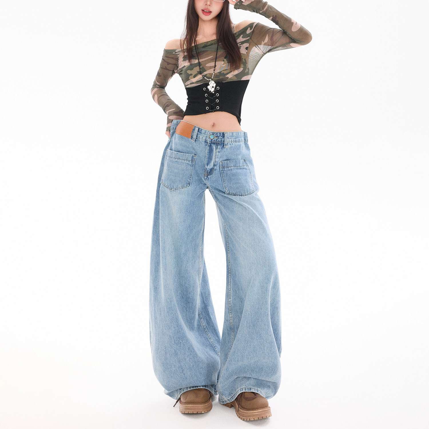 美式高街水洗做旧阔腿牛仔裤女口袋设计慵懒风显瘦宽松高腰阔腿裤,女装/女士精品,牛仔裤,淘宝优惠券,粉丝福利购,淘宝优惠卷