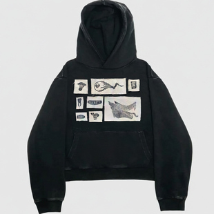MELANIN 黑色素刺青做旧美式插画复古阿美咔叽个性暗黑系连帽卫衣