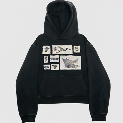 MELANIN 黑色素刺青做旧美式插画复古阿美咔叽个性暗黑系连帽卫衣