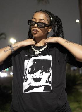 嘻哈rap手势纹身短袖夏季男女上衣os宽松西海岸潮复古大码T恤高街