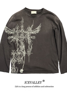 MELANIN 脏脏T 做旧线稿黑色素刺青古着小众设计感摇滚风长袖T恤