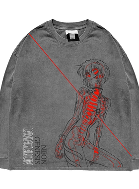 330G！ 重工！水洗做旧破洞 小众线条动漫Eva福音战士宽松长袖T恤