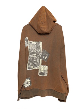 原创remake！艺术感中式复古连帽卫衣水洗做旧贴布绣重工独特宽松