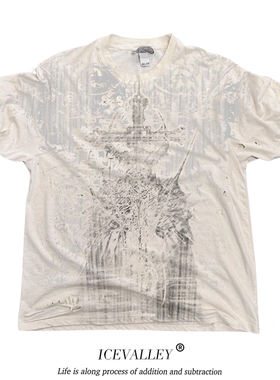 MELANIN 黑色素刺青 白色水洗破洞短袖T恤梦核沉睡骑士个性亚文化