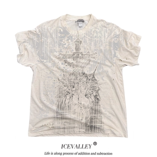 MELANIN 黑色素刺青 白色水洗破洞短袖T恤梦核沉睡骑士个性亚文化