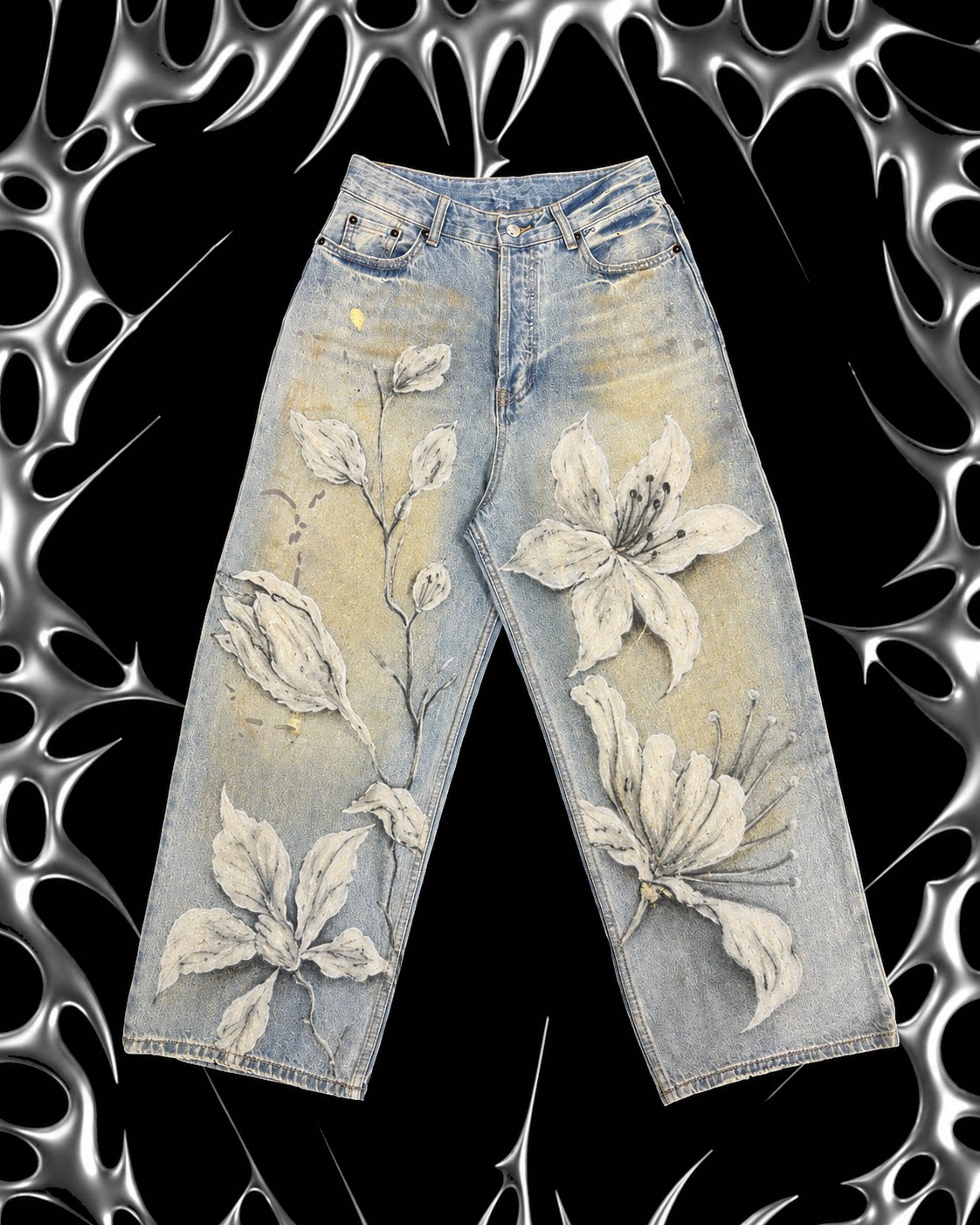 thumbnail for MELANIN Melanin Tattoo Cool Sensation Niche Dark Hand-Drawn Lily Studio Style Loose Jeans
