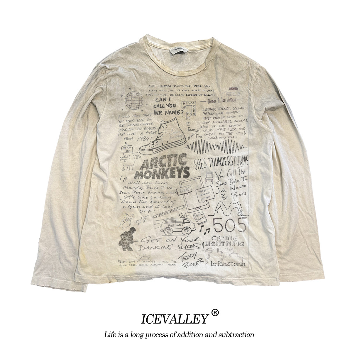 MELANIN 脏脏T美式运动复古穿搭古着喷马骝做旧款学生长袖T恤