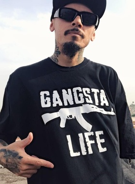 西海岸匪帮AK47做旧英文纹身短袖欧美风纹身师ins加大码男女潮T恤