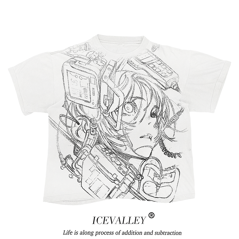 MELANIN潮流小众重磅破洞做旧水洗百搭style圆领叠穿喷绘短袖T恤