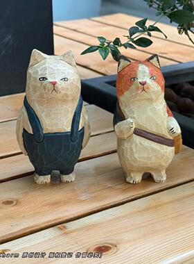 复古做旧手工木雕猫咪创意桌面摆件木质雕刻工艺品室内造景装饰