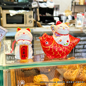 手工八方来财锦鲤小猫木雕摆件好运祝福招财猫小礼物装 饰工艺品