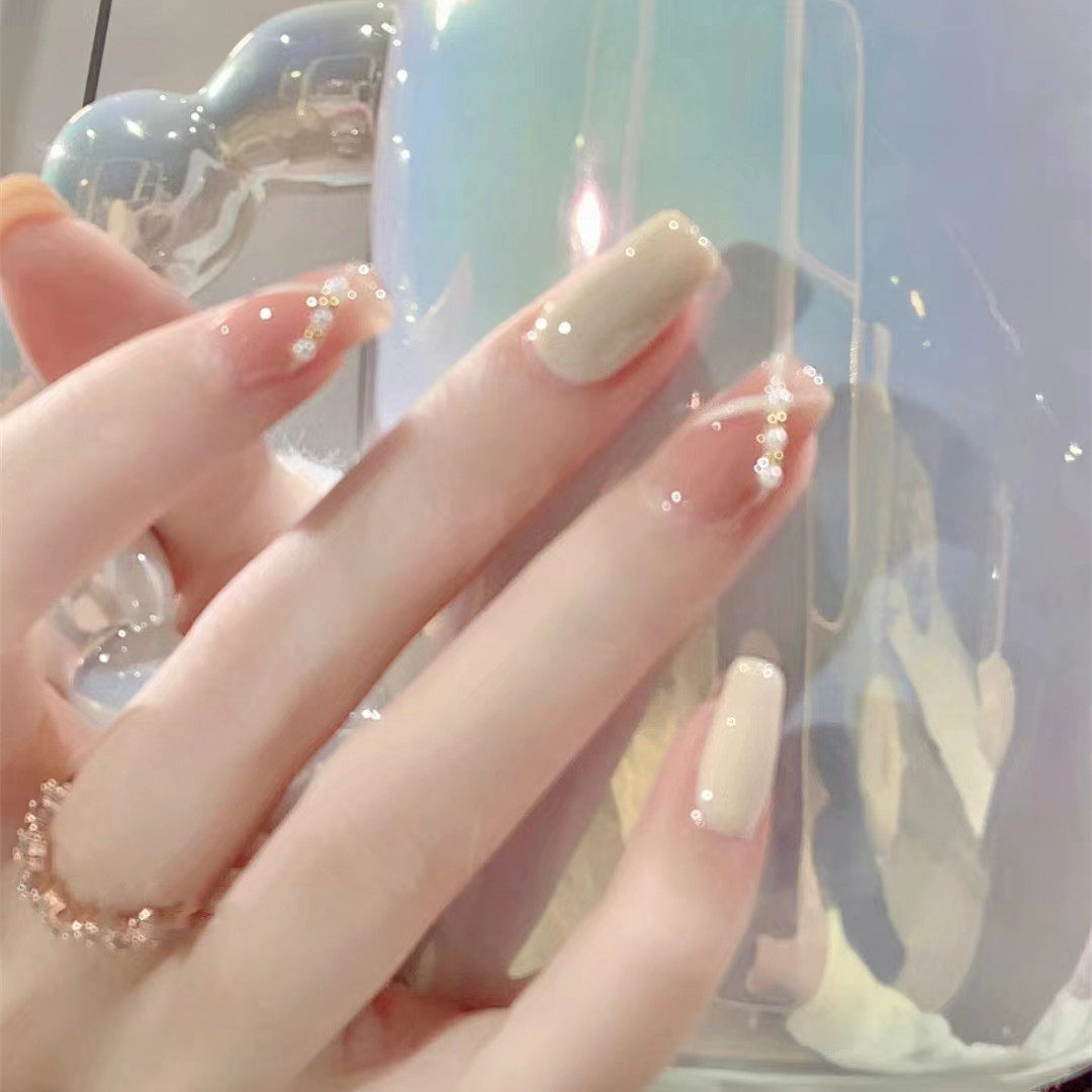 手工定制假指甲贴片成品奶白线条显白短款孕妇新娘孕妇穿戴美甲