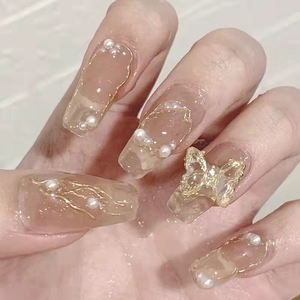 伍冰莹穿戴假指甲贴片手工定制成品美甲网红巴洛克蝴蝶冰茶新娘