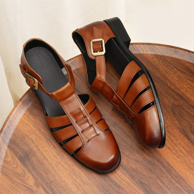 真皮牛皮凉皮鞋男复古时尚商务夏季透气搭扣复古男鞋包头凉鞋代发
