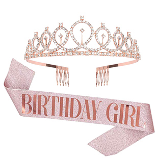 闪粉生日快乐肩带港风女神绶带小公主皇冠头饰发箍带水钻拍照道具