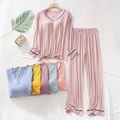 2023年新款带胸垫莫代尔睡衣女春秋季长袖长裤薄款纯棉家居服套装