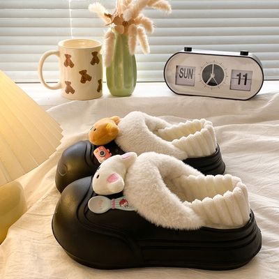 可拆卸糖果色EVA厚底舒适冬天外出必备加绒保暖可爱百搭棉拖鞋女