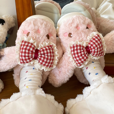 棉拖鞋女士秋冬季2025新款卡通可爱蝴蝶结兔子居家保暖厚底棉拖鞋