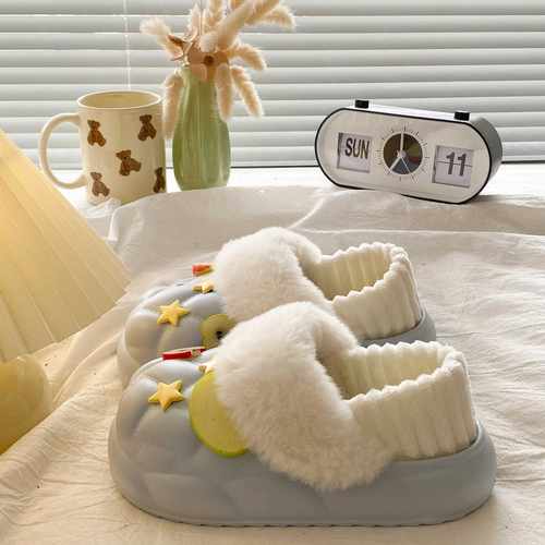 ins创意苹果切片加绒翻毛边棉鞋女百搭休闲EVA厚底可拆卸棉拖鞋