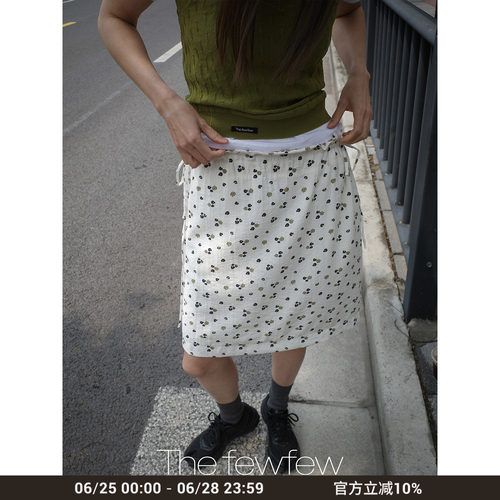 The fewfew 进口碎花条纹面料可调节腰围宽松直筒中长半裙