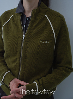 The fewfew 羊毛混纺复古时髦拉链立领插肩袖直筒Logo提花针织衫