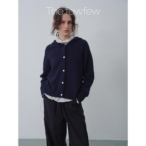 The fewfew 深蓝色棉质纽扣连帽休闲百搭舒适宽松叠穿针织开衫