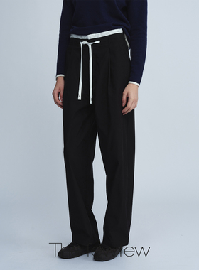 The fewfew 黑色棉质暗格肌理中高腰拼接腰头宽松百搭哈伦锥形裤