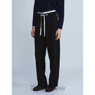 黑色棉质暗格肌理中高腰拼接腰头宽松百搭哈伦锥形裤 The fewfew