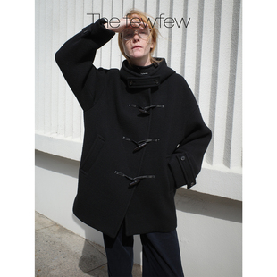 The fewfew进口双层羊毛混纺面料立体宽松廓形连帽牛角扣大衣外套