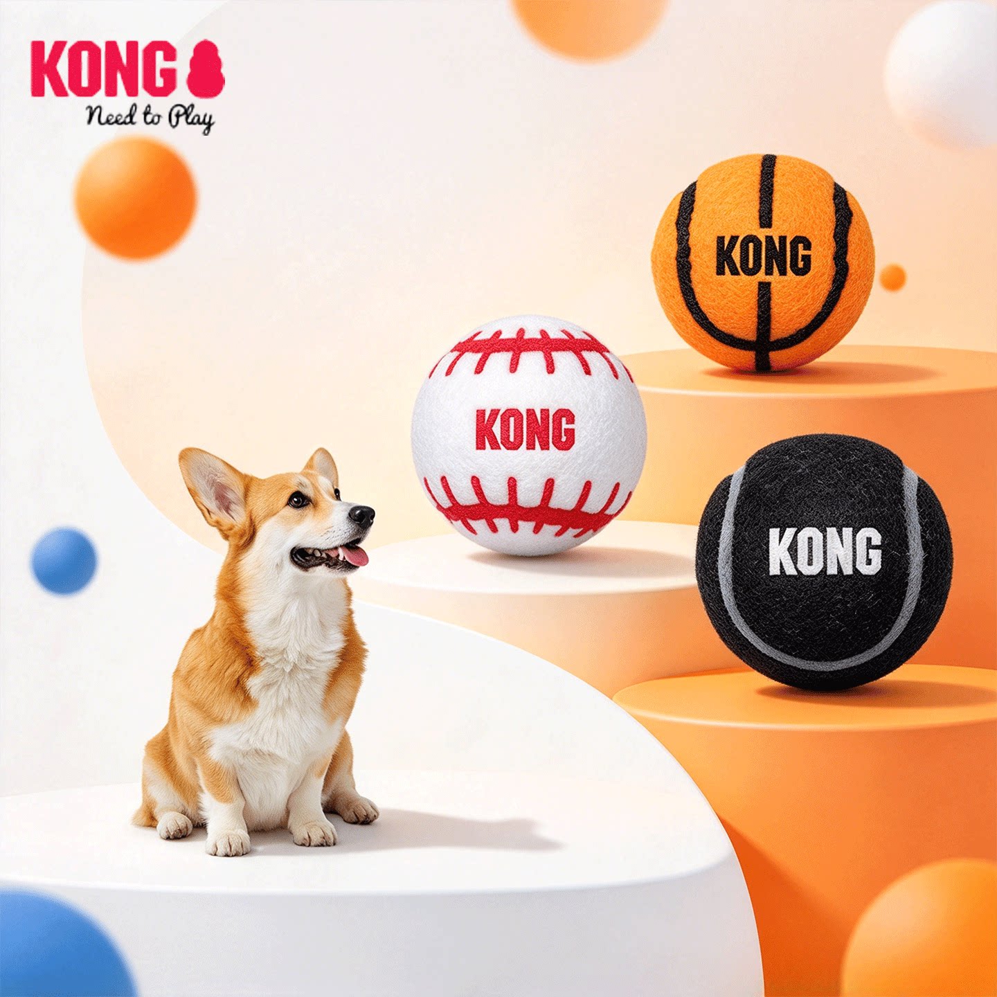 KONG狗玩具球宠物互动户外训练边牧磨牙遛狗球形橡胶运动球组合装