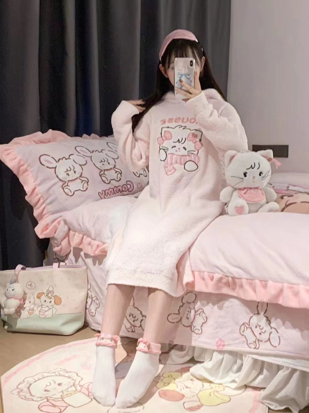 毛绒睡裙家居服mikko联名可爱粉