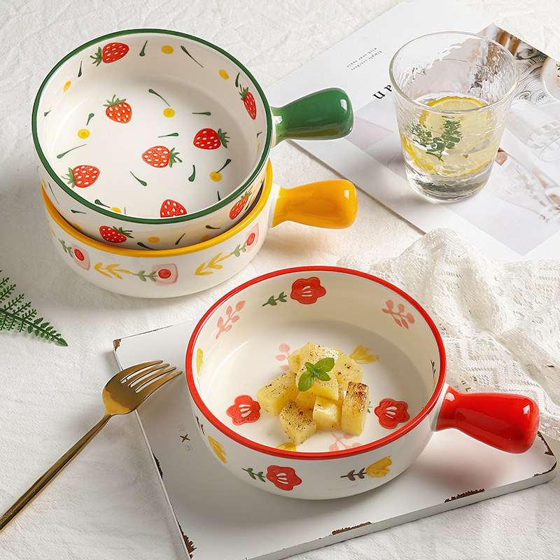 空气炸锅烤碗陶瓷手柄碗烤箱家用可爱少女心带把泡面焗饭烤盘餐具
