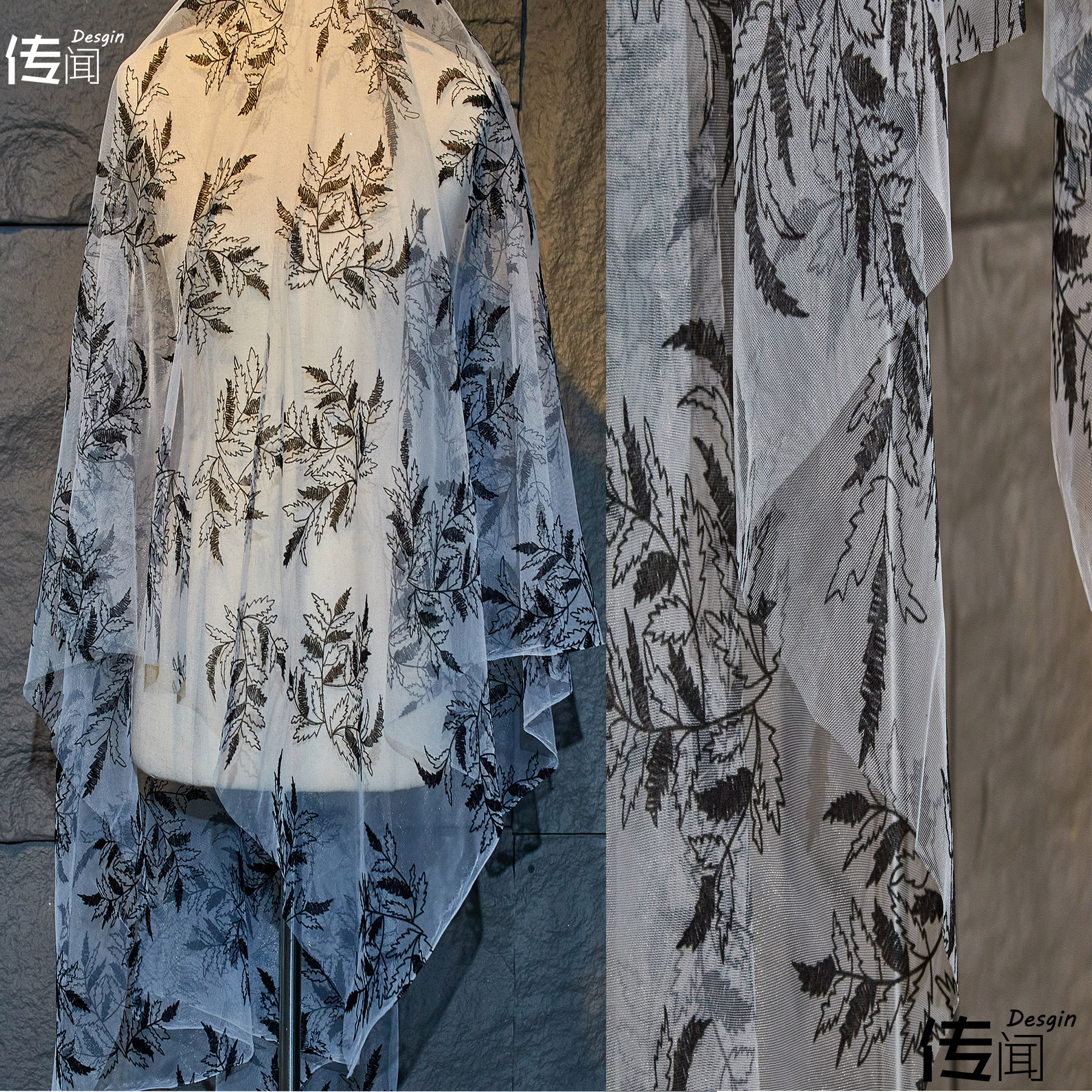 黑色网布植绒复古花朵布料图片